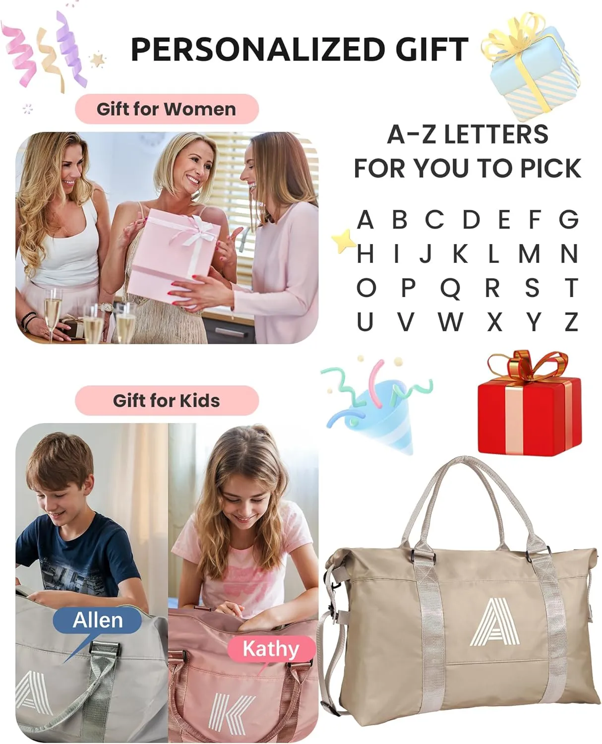 Gifts for Teen Girls, Birthday Gift, Preteen Girls Initial Travel Bag, Sports Bag, Girls Weekender Bag, Monogram Overnight Bag Gift for Her (Letter S)