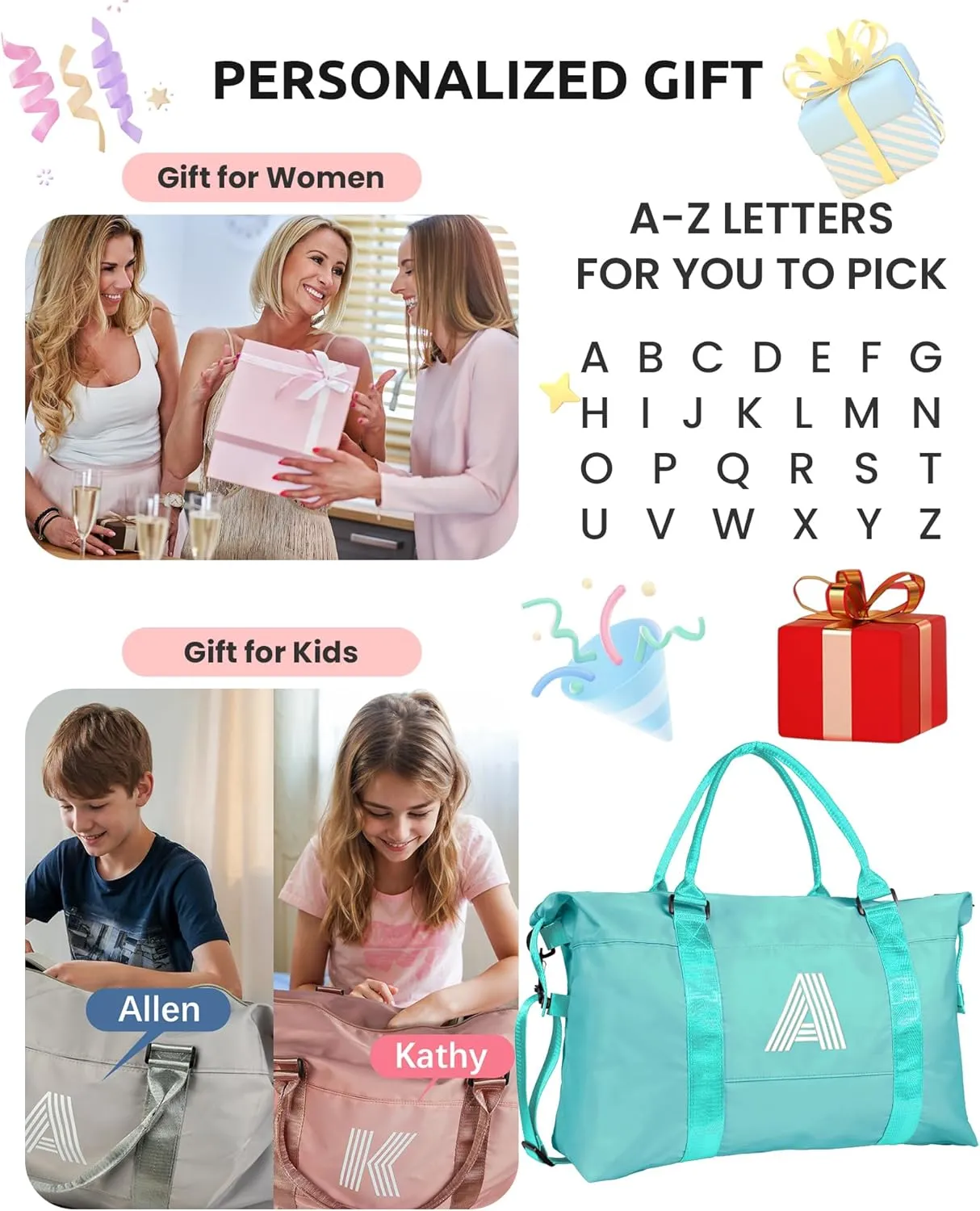 Girl Gift Ideas, Birthday Gift, Initial Travel Bag, Sports Bag, Personalized Weekender Bag, Monogram Overnight Bag Gift for Her,Kid Girl (Letter S)