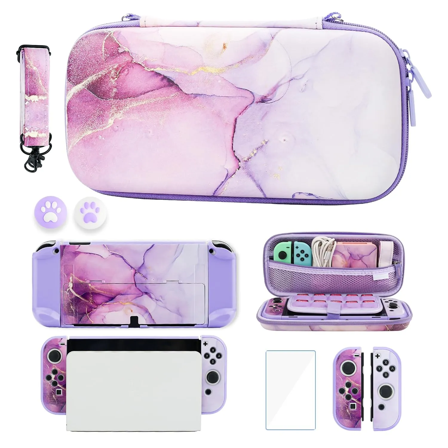GLDRAM Purple Marble Carrying Case for Nintendo Switch OLED Accessories, Portable Travel Bag with Dockable Protective Skin, HD Screen Protector, Adjustable Shoulder Strap and 2 Thumb Caps