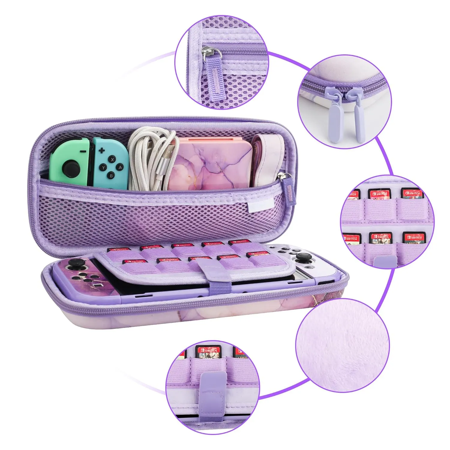 GLDRAM Purple Marble Carrying Case for Nintendo Switch OLED Accessories, Portable Travel Bag with Dockable Protective Skin, HD Screen Protector, Adjustable Shoulder Strap and 2 Thumb Caps