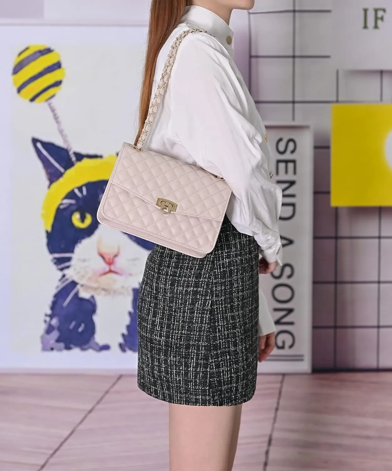 GM LIKKIE Quilted Shoulder Bag for Women, Medium Flap Crossbody Handbag with Chain Strap, Soft Vegan Leather Clutch Purse