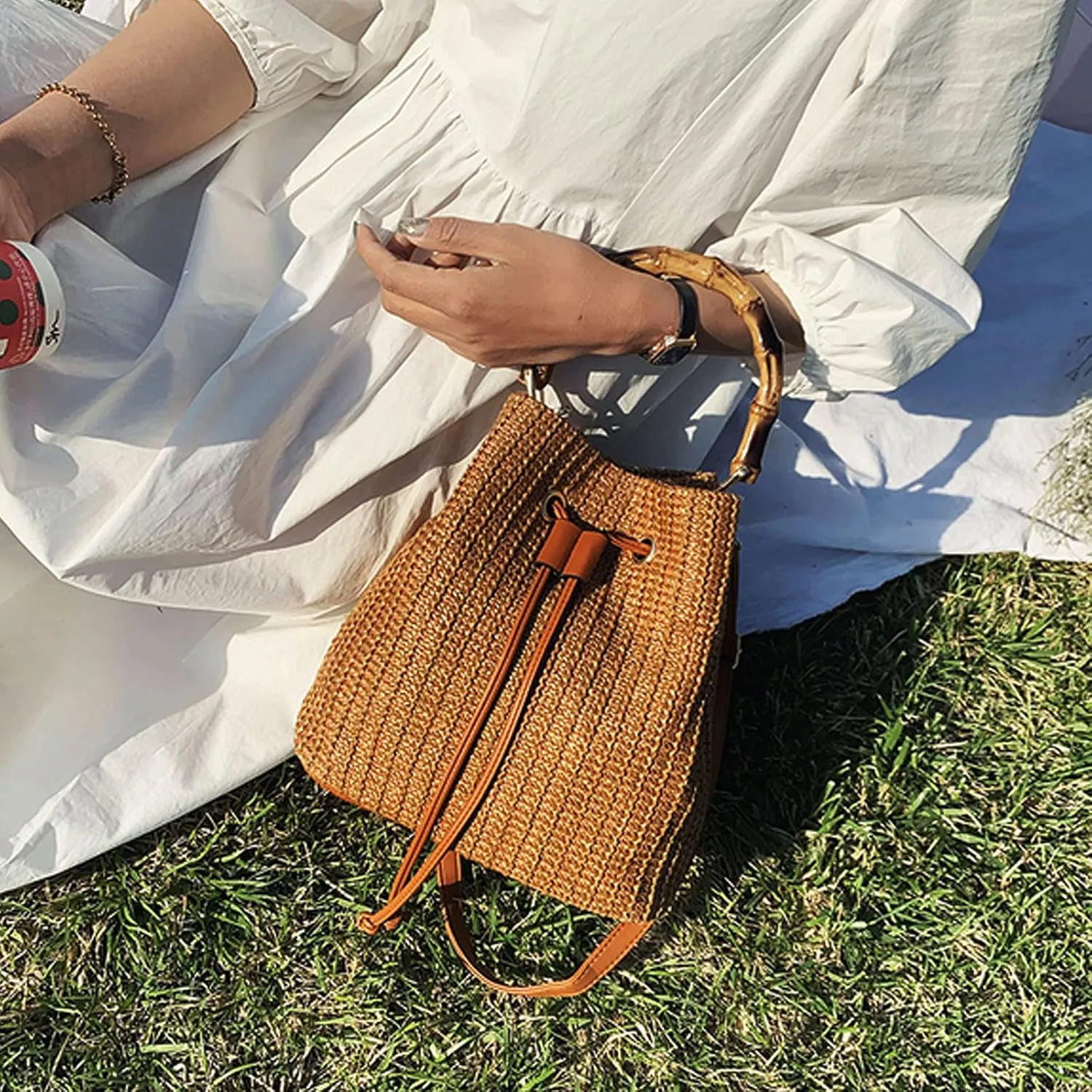 Goclothod Small Drawstring Shoulder Bag Straw Weave Handbag Summer Beach Purse