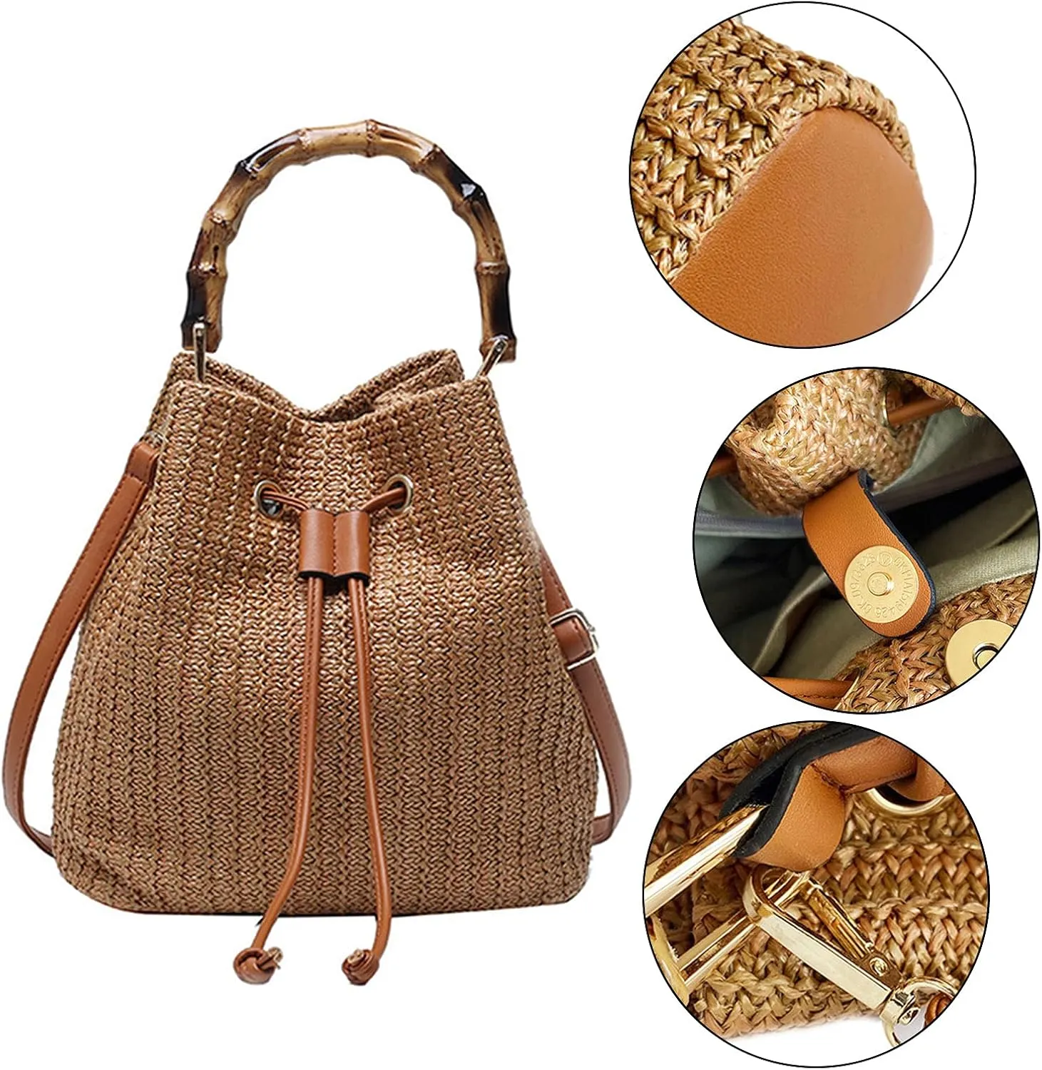 Goclothod Small Drawstring Shoulder Bag Straw Weave Handbag Summer Beach Purse