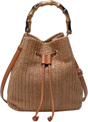Goclothod Small Drawstring Shoulder Bag Straw Weave Handbag Summer Beach Purse
