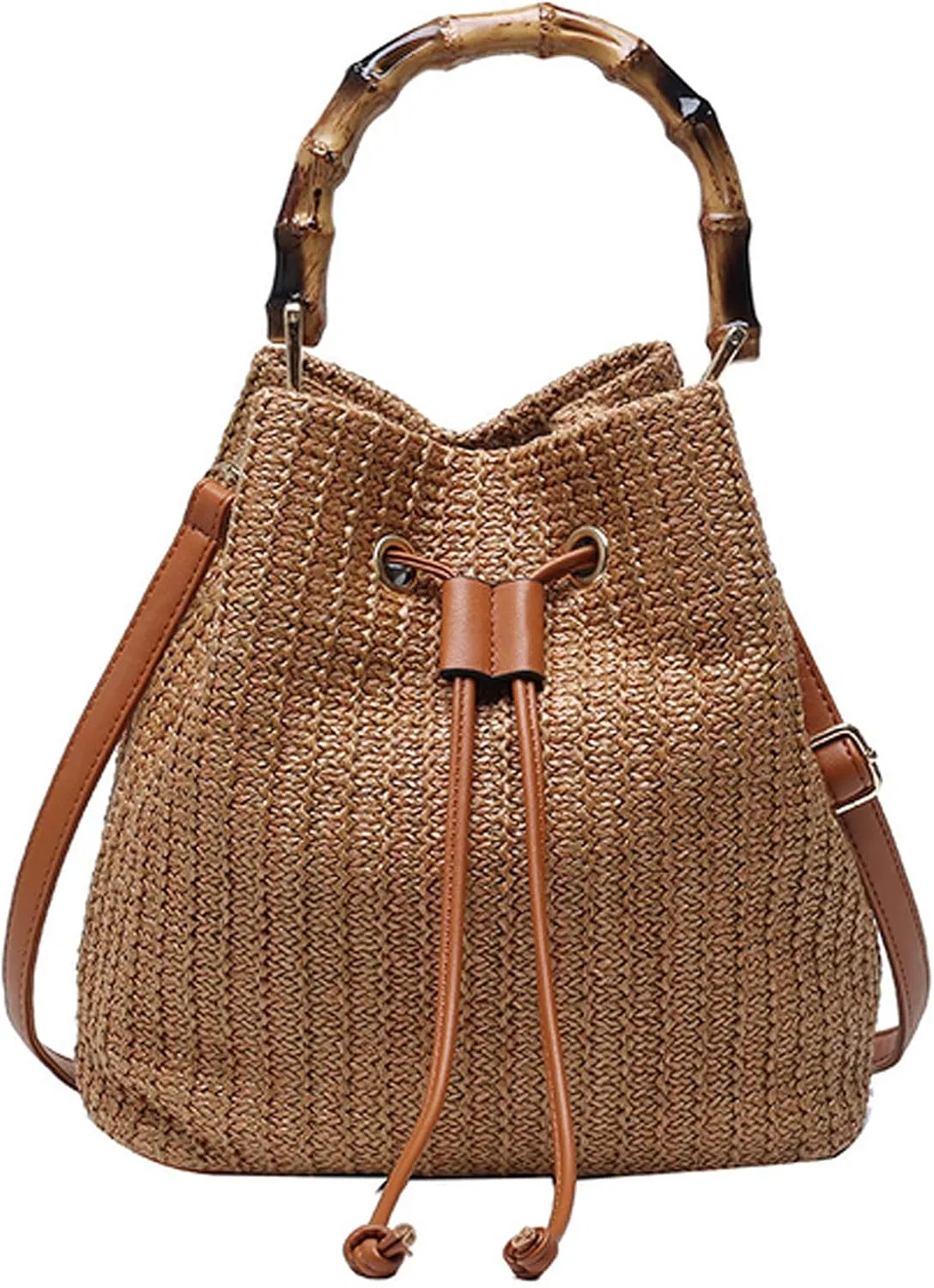 Goclothod Small Drawstring Shoulder Bag Straw Weave Handbag Summer Beach Purse