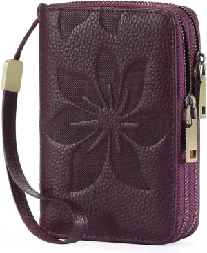 GOIACII Women's Wallet Double Zip Around Credit Card Holder Ladies Wallet Rfid Blocking Wristlet Purse Medium Size Leather Purple