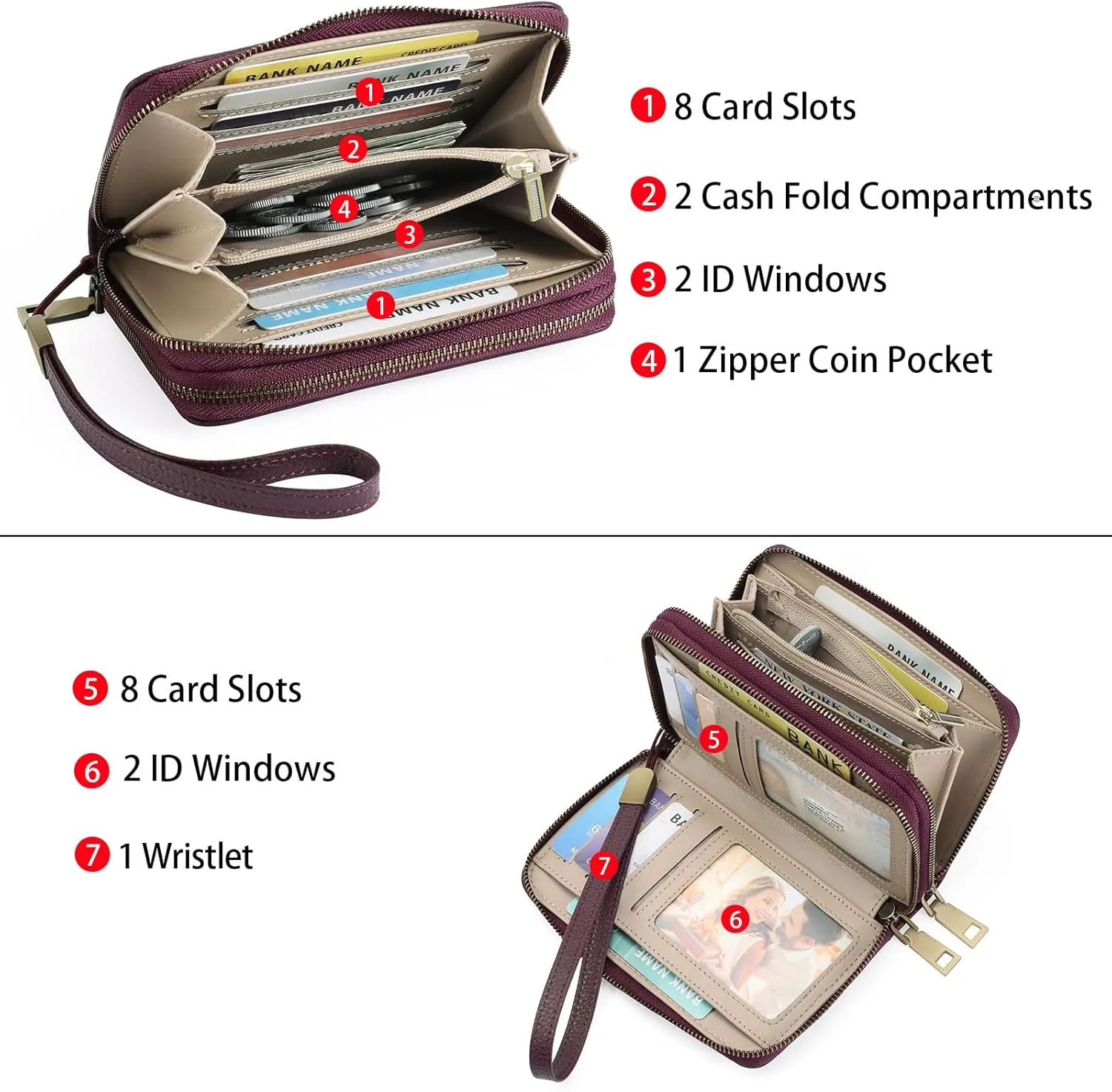 GOIACII Women's Wallet Double Zip Around Credit Card Holder Ladies Wallet Rfid Blocking Wristlet Purse Medium Size Leather Purple