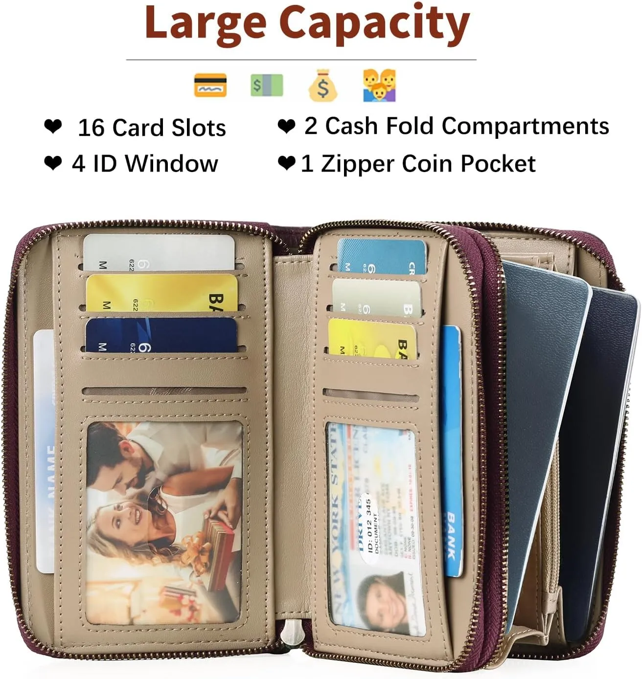 GOIACII Women's Wallet Double Zip Around Credit Card Holder Ladies Wallet Rfid Blocking Wristlet Purse Medium Size Leather Purple