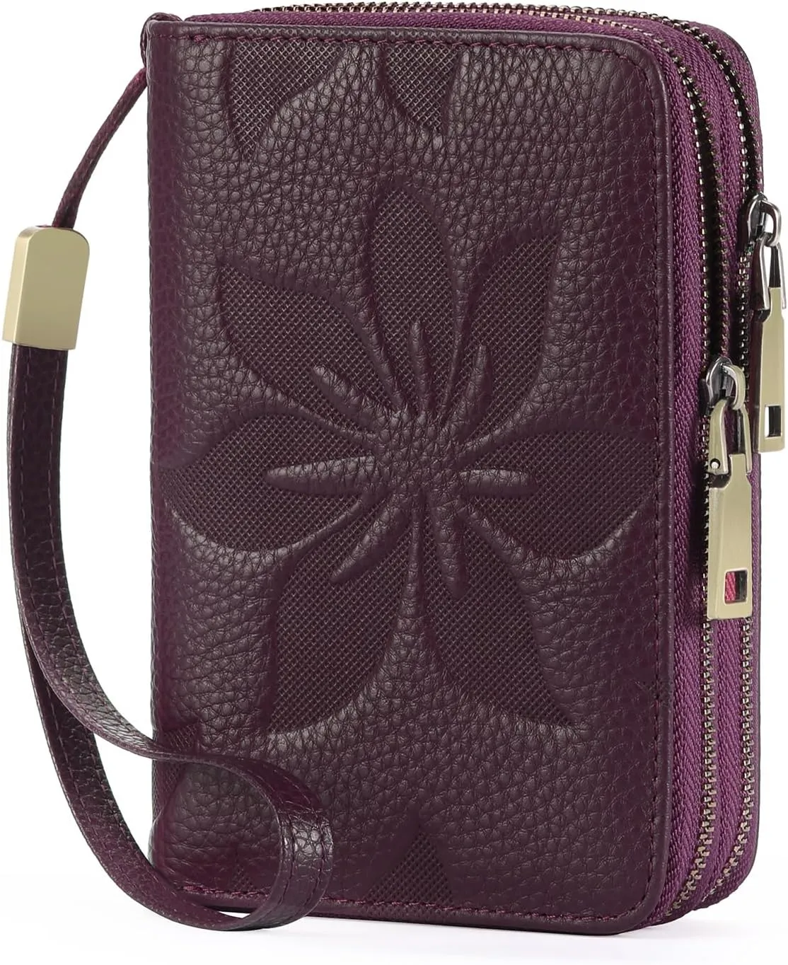 GOIACII Women's Wallet Double Zip Around Credit Card Holder Ladies Wallet Rfid Blocking Wristlet Purse Medium Size Leather Purple
