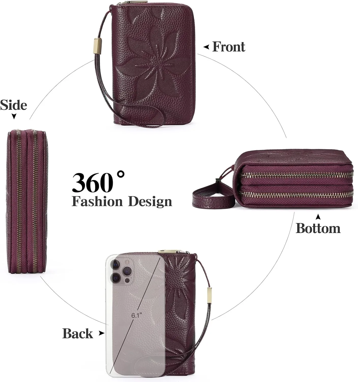 GOIACII Women's Wallet Double Zip Around Credit Card Holder Ladies Wallet Rfid Blocking Wristlet Purse Medium Size Leather Purple