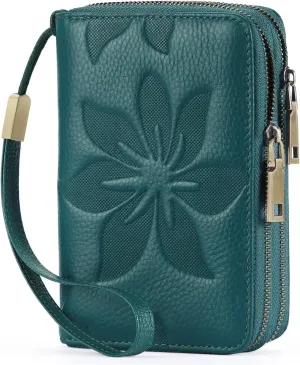 GOIACII Women's Wallet Double Zip Around Credit Card Holder Ladies Wallet Rfid Blocking Wristlet Purse Medium Size Leather Teal