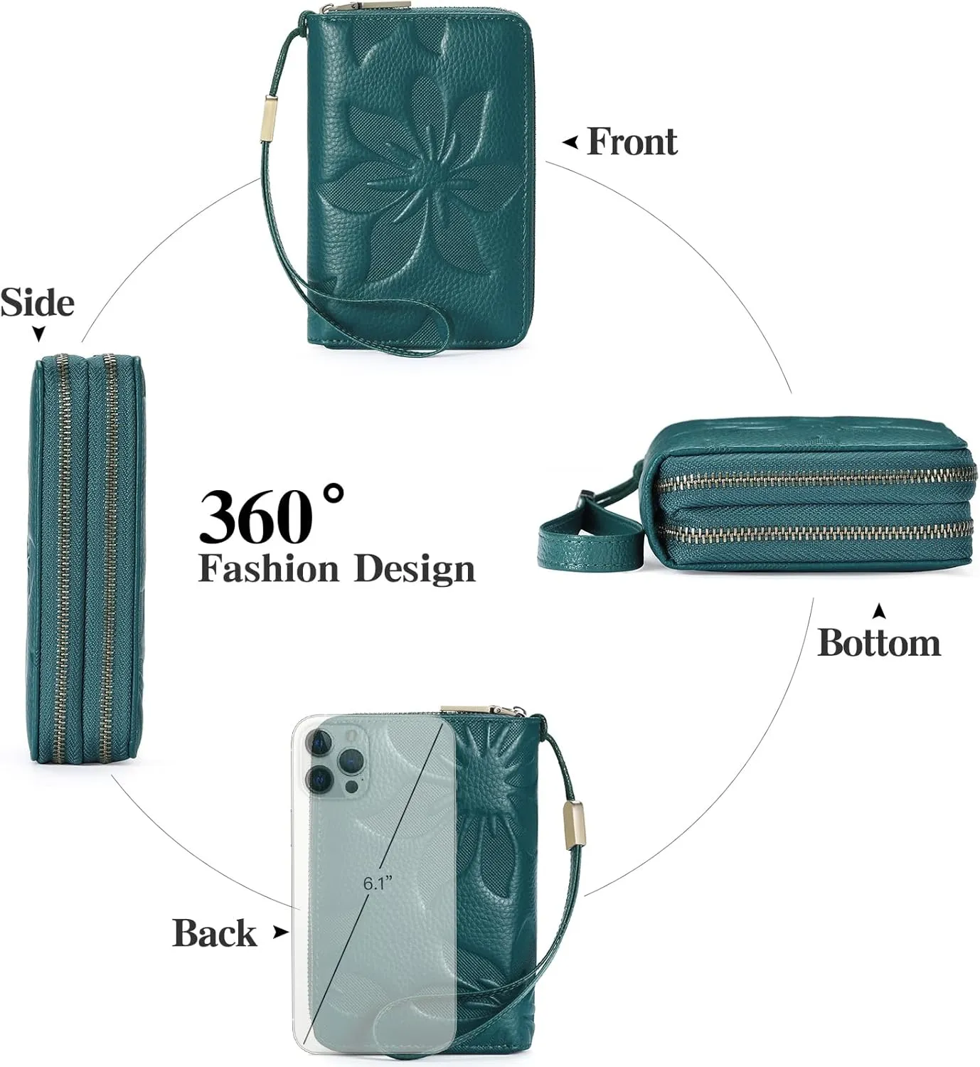 GOIACII Women's Wallet Double Zip Around Credit Card Holder Ladies Wallet Rfid Blocking Wristlet Purse Medium Size Leather Teal