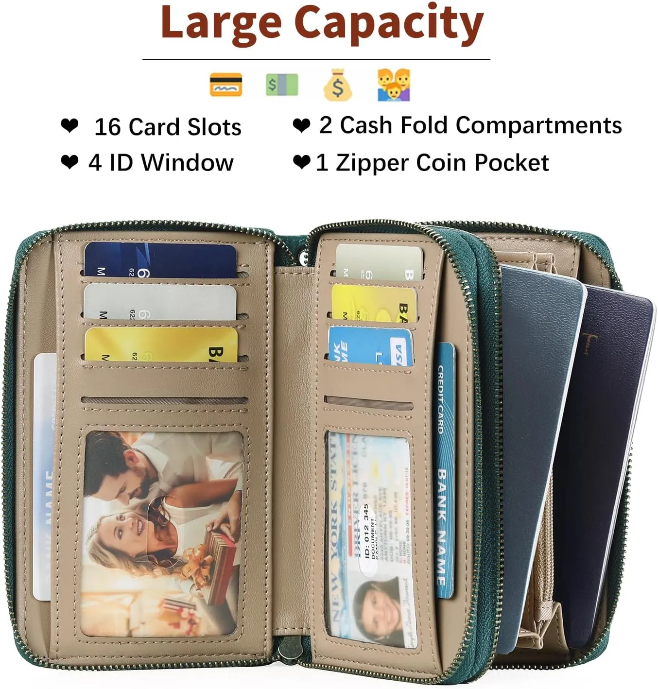 GOIACII Women's Wallet Double Zip Around Credit Card Holder Ladies Wallet Rfid Blocking Wristlet Purse Medium Size Leather Teal