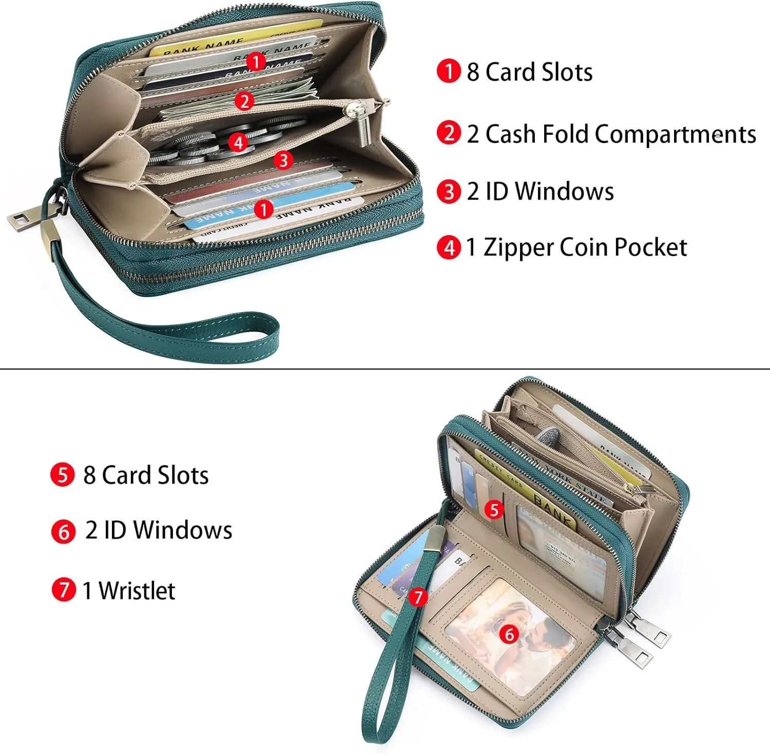 GOIACII Women's Wallet Double Zip Around Credit Card Holder Ladies Wallet Rfid Blocking Wristlet Purse Medium Size Leather Teal