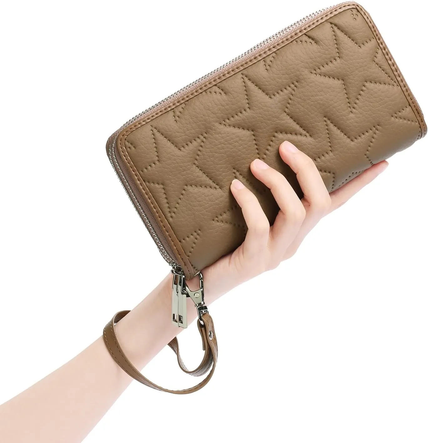 GOIACII Women's Wallet Large Capacity Double Zip Around Ladies Wallet with RFID Blocking Phone Wristlet Purse Star Brown
