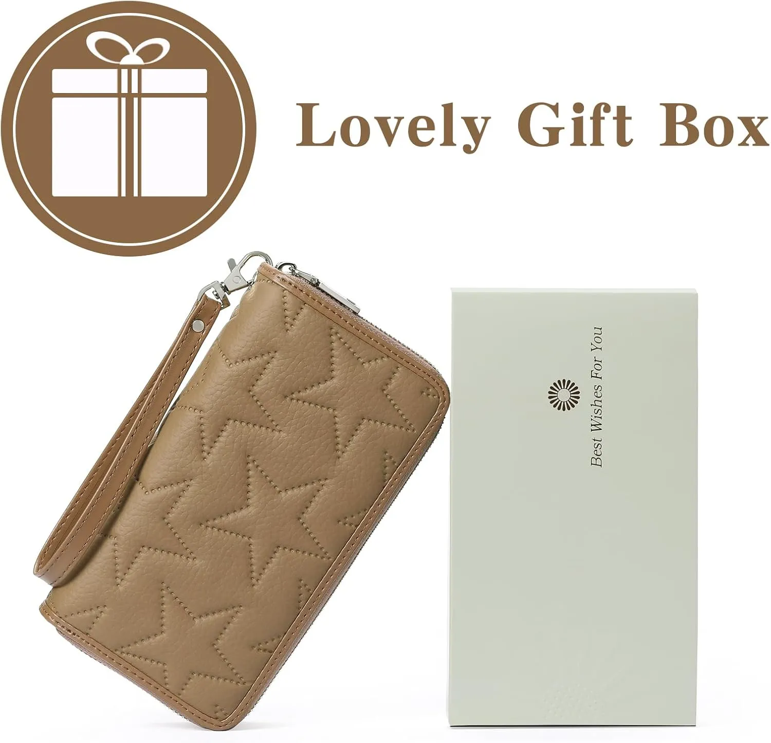 GOIACII Women's Wallet Large Capacity Double Zip Around Ladies Wallet with RFID Blocking Phone Wristlet Purse Star Brown