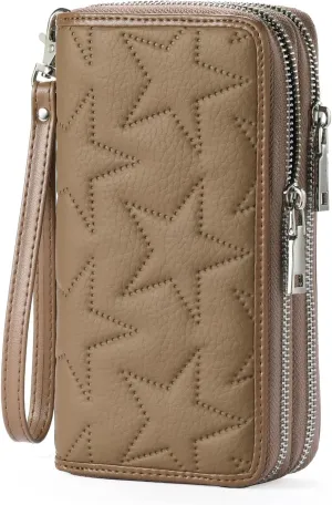 GOIACII Women's Wallet Large Capacity Double Zip Around Ladies Wallet with RFID Blocking Phone Wristlet Purse Star Brown