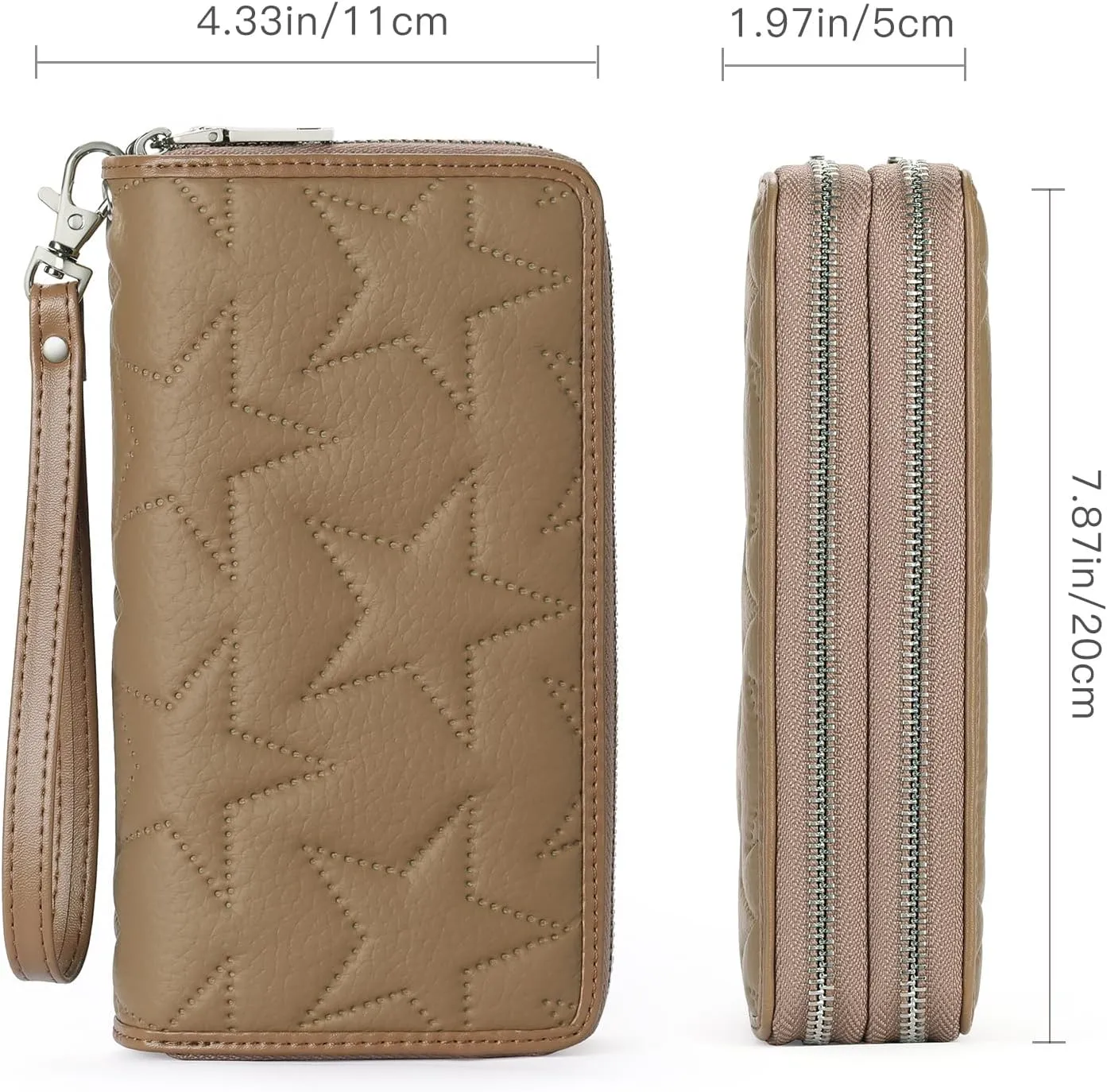 GOIACII Women's Wallet Large Capacity Double Zip Around Ladies Wallet with RFID Blocking Phone Wristlet Purse Star Brown
