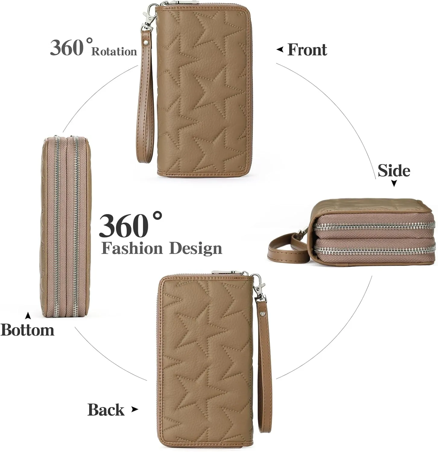 GOIACII Women's Wallet Large Capacity Double Zip Around Ladies Wallet with RFID Blocking Phone Wristlet Purse Star Brown
