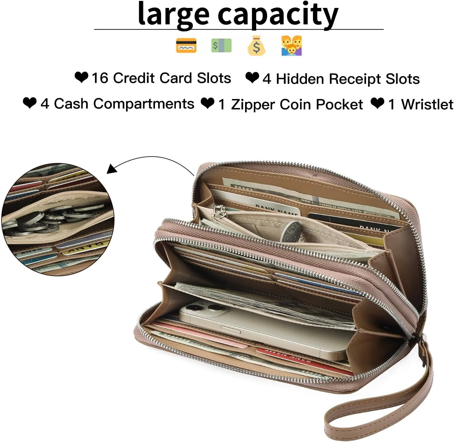 GOIACII Women's Wallet Large Capacity Double Zip Around Ladies Wallet with RFID Blocking Phone Wristlet Purse Star Brown