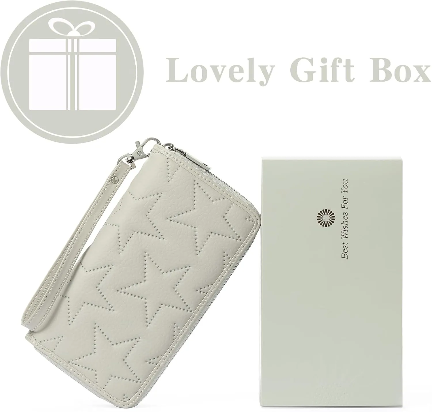 GOIACII Women's Wallet Large Capacity Double Zip Around Ladies Wallet with RFID Blocking Phone Wristlet Purse Star Off-white