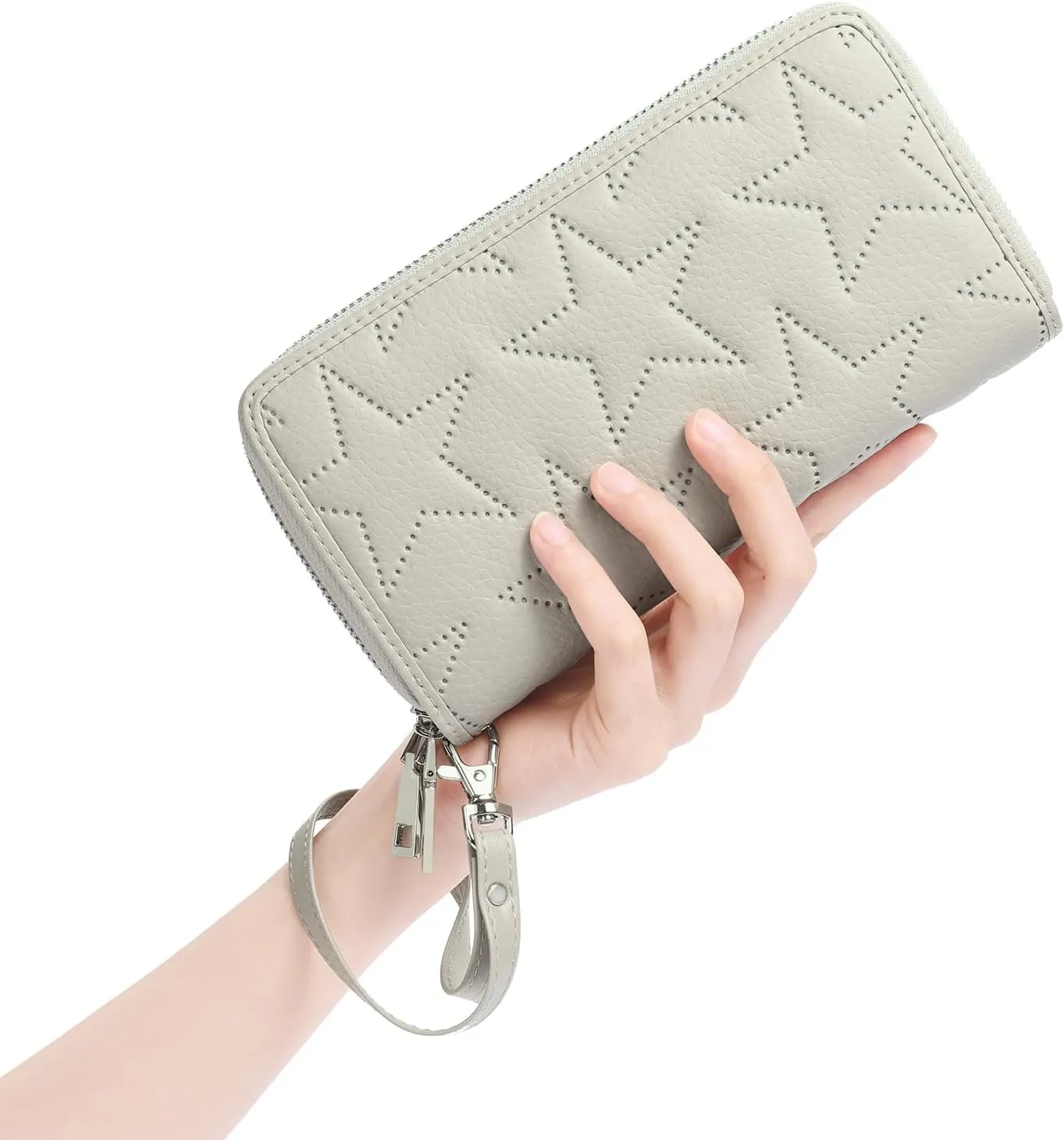 GOIACII Women's Wallet Large Capacity Double Zip Around Ladies Wallet with RFID Blocking Phone Wristlet Purse Star Off-white