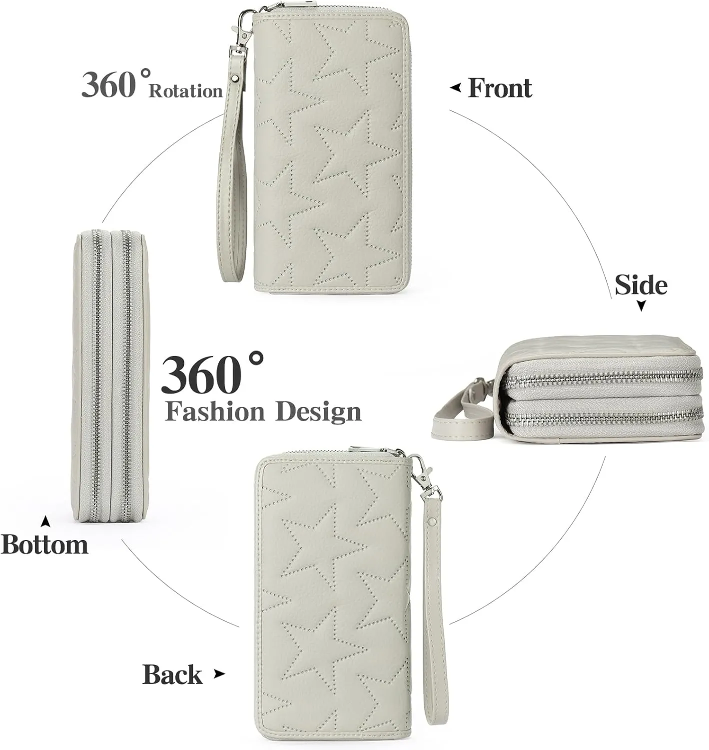 GOIACII Women's Wallet Large Capacity Double Zip Around Ladies Wallet with RFID Blocking Phone Wristlet Purse Star Off-white