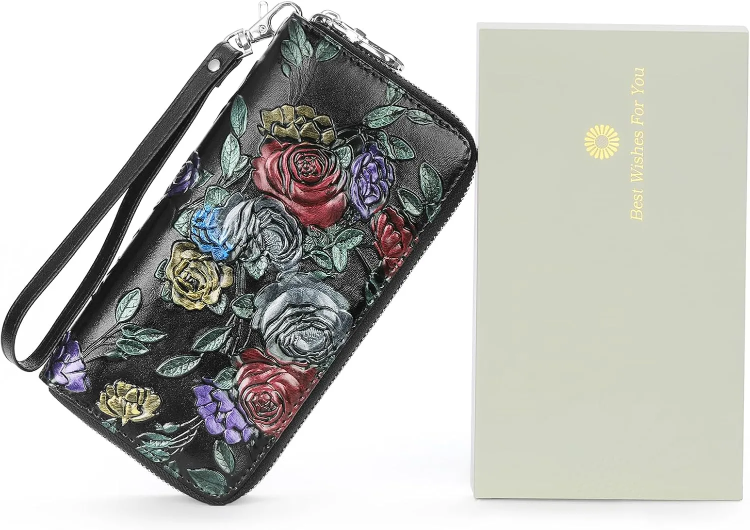 GOIACII Women's Wallet Large Capacity Double Zip Ladies Card Phone Holder RFID Blocking Wristlet Leather