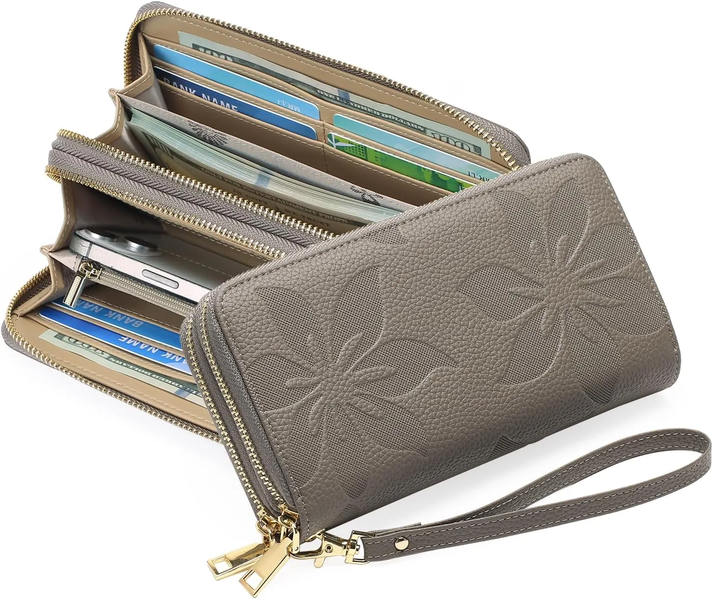 GOIACII Women's Wallet Large Capacity Double Zip Ladies Card Phone Holder RFID Blocking Wristlet Leather