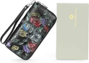GOIACII Women's Wallet Large Capacity Double Zip Ladies Card Phone Holder RFID Blocking Wristlet Leather