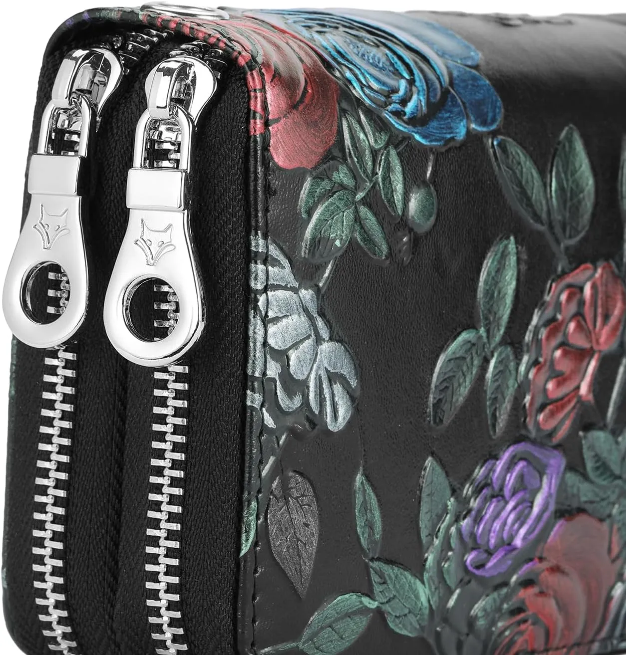 GOIACII Women's Wallet Large Capacity Double Zip Ladies Card Phone Holder RFID Blocking Wristlet Leather