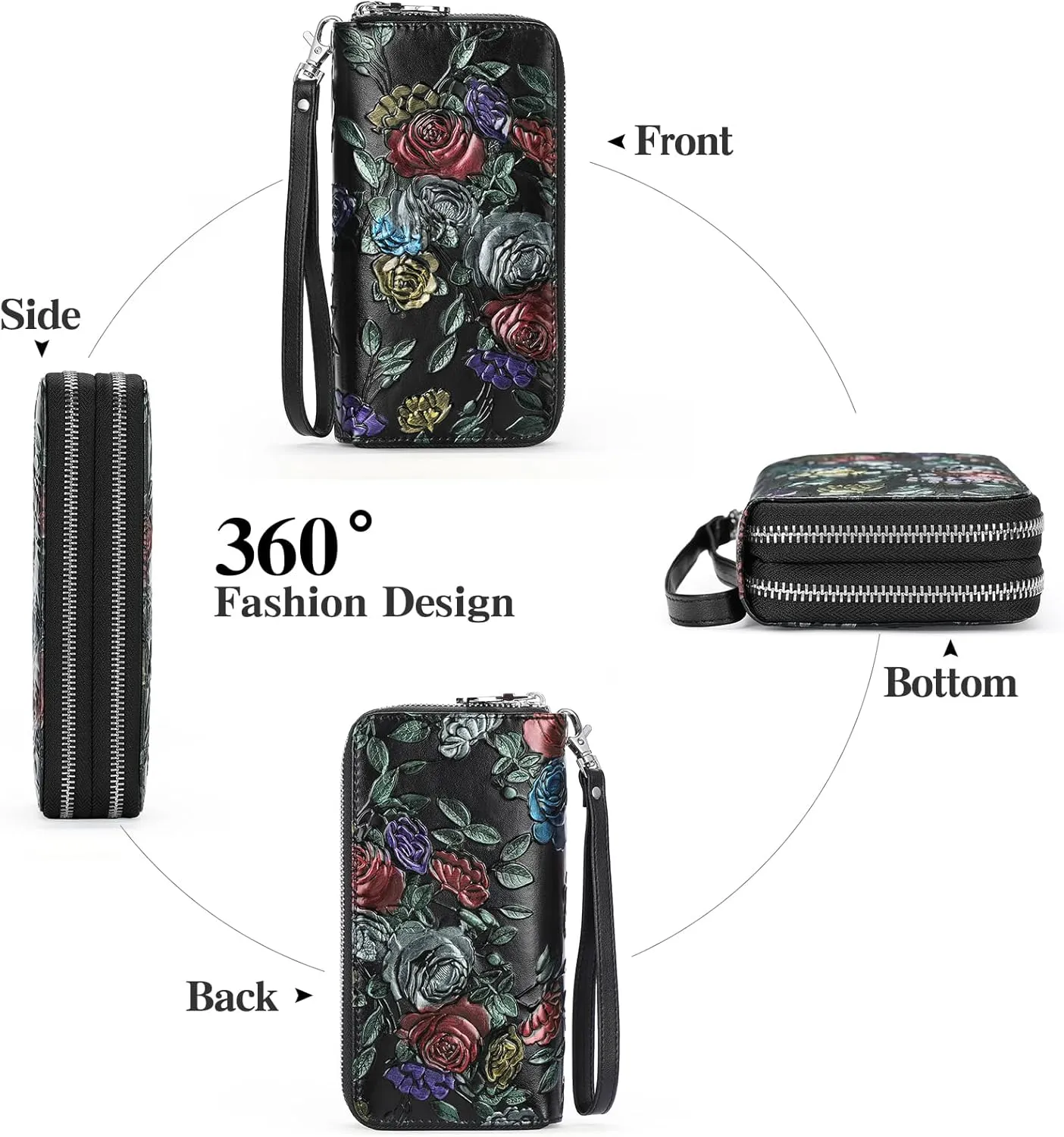 GOIACII Women's Wallet Large Capacity Double Zip Ladies Card Phone Holder RFID Blocking Wristlet Leather