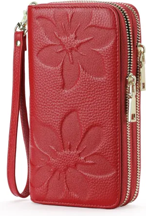 GOIACII Women's Wallet Large Capacity Double Zip Ladies Card Phone Holder RFID Blocking Wristlet Leather