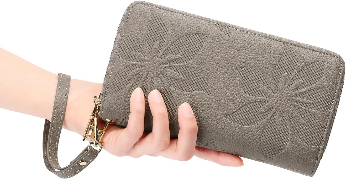 GOIACII Women's Wallet Large Capacity Double Zip Ladies Card Phone Holder RFID Blocking Wristlet Leather
