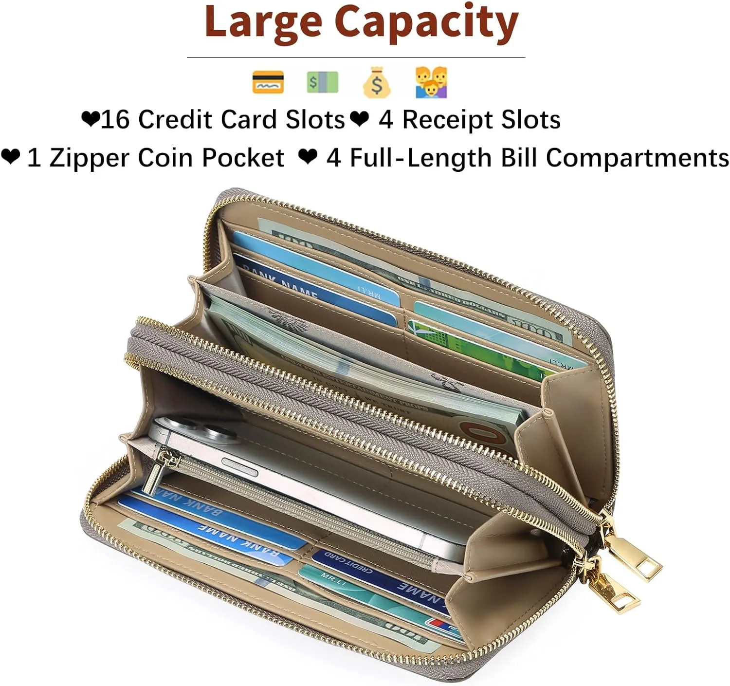 GOIACII Women's Wallet Large Capacity Double Zip Ladies Card Phone Holder RFID Blocking Wristlet Leather