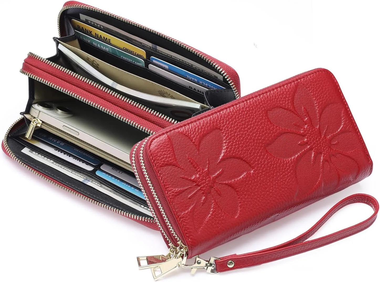 GOIACII Women's Wallet Large Capacity Double Zip Ladies Card Phone Holder RFID Blocking Wristlet Leather