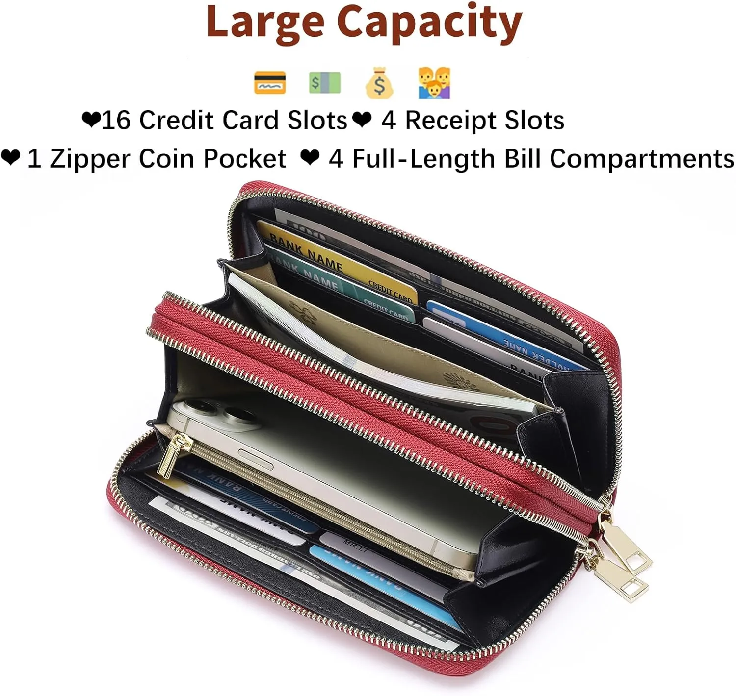 GOIACII Women's Wallet Large Capacity Double Zip Ladies Card Phone Holder RFID Blocking Wristlet Leather