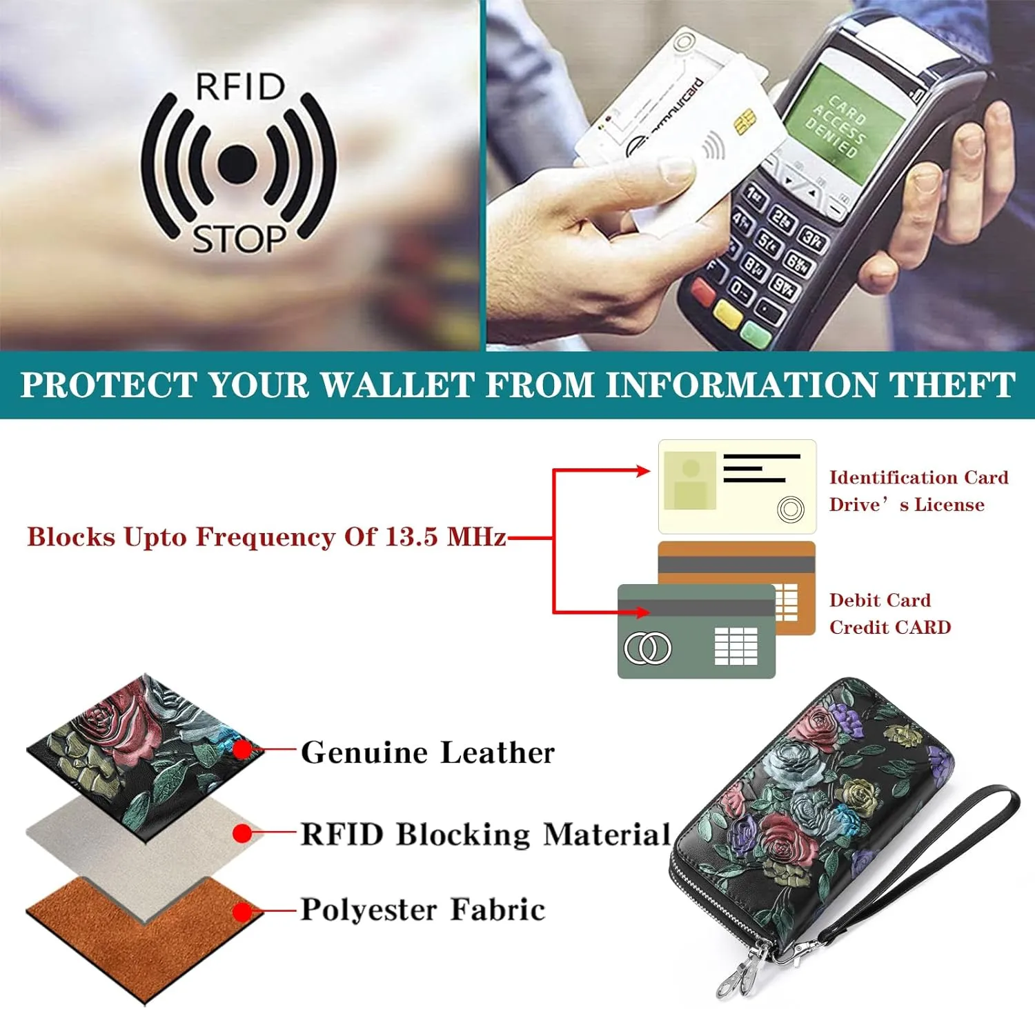 GOIACII Women's Wallet Large Capacity Double Zip Ladies Card Phone Holder RFID Blocking Wristlet Leather