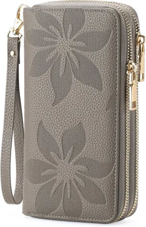 GOIACII Women's Wallet Large Capacity Double Zip Ladies Card Phone Holder RFID Blocking Wristlet Leather