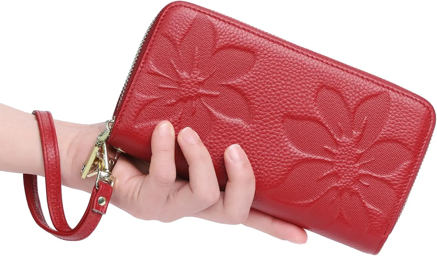 GOIACII Women's Wallet Large Capacity Double Zip Ladies Card Phone Holder RFID Blocking Wristlet Leather