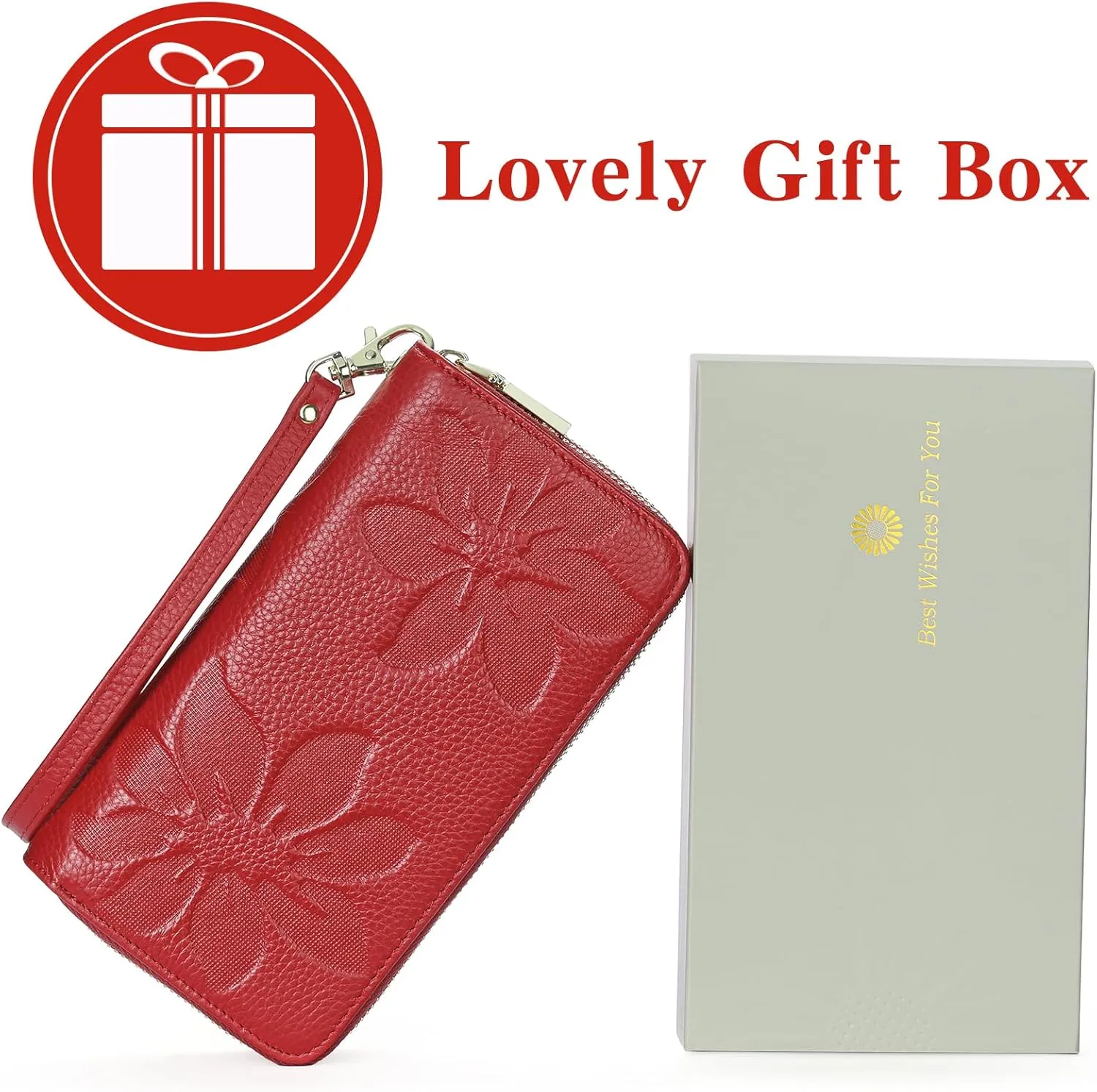 GOIACII Women's Wallet Large Capacity Double Zip Ladies Card Phone Holder RFID Blocking Wristlet Leather
