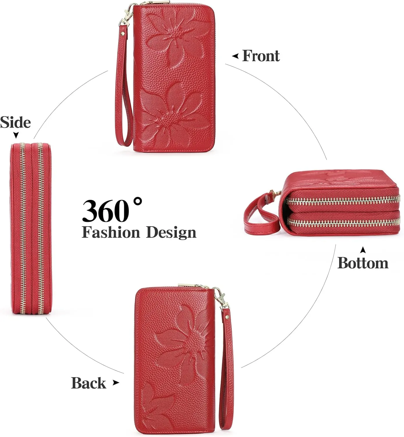 GOIACII Women's Wallet Large Capacity Double Zip Ladies Card Phone Holder RFID Blocking Wristlet Leather
