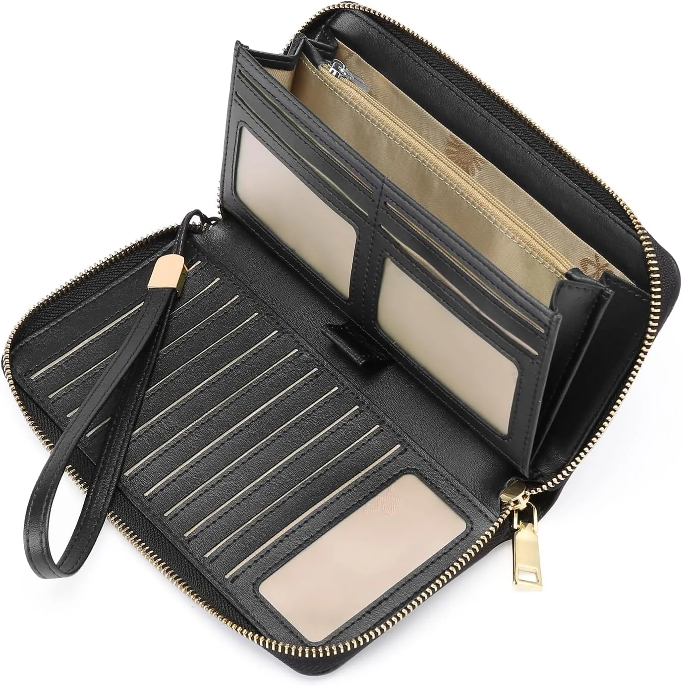 GOIACII Women's Wallet Wristlet Travel Long Purse RFID ladies Credit Card Wallet Embossed Flowers Leather Black