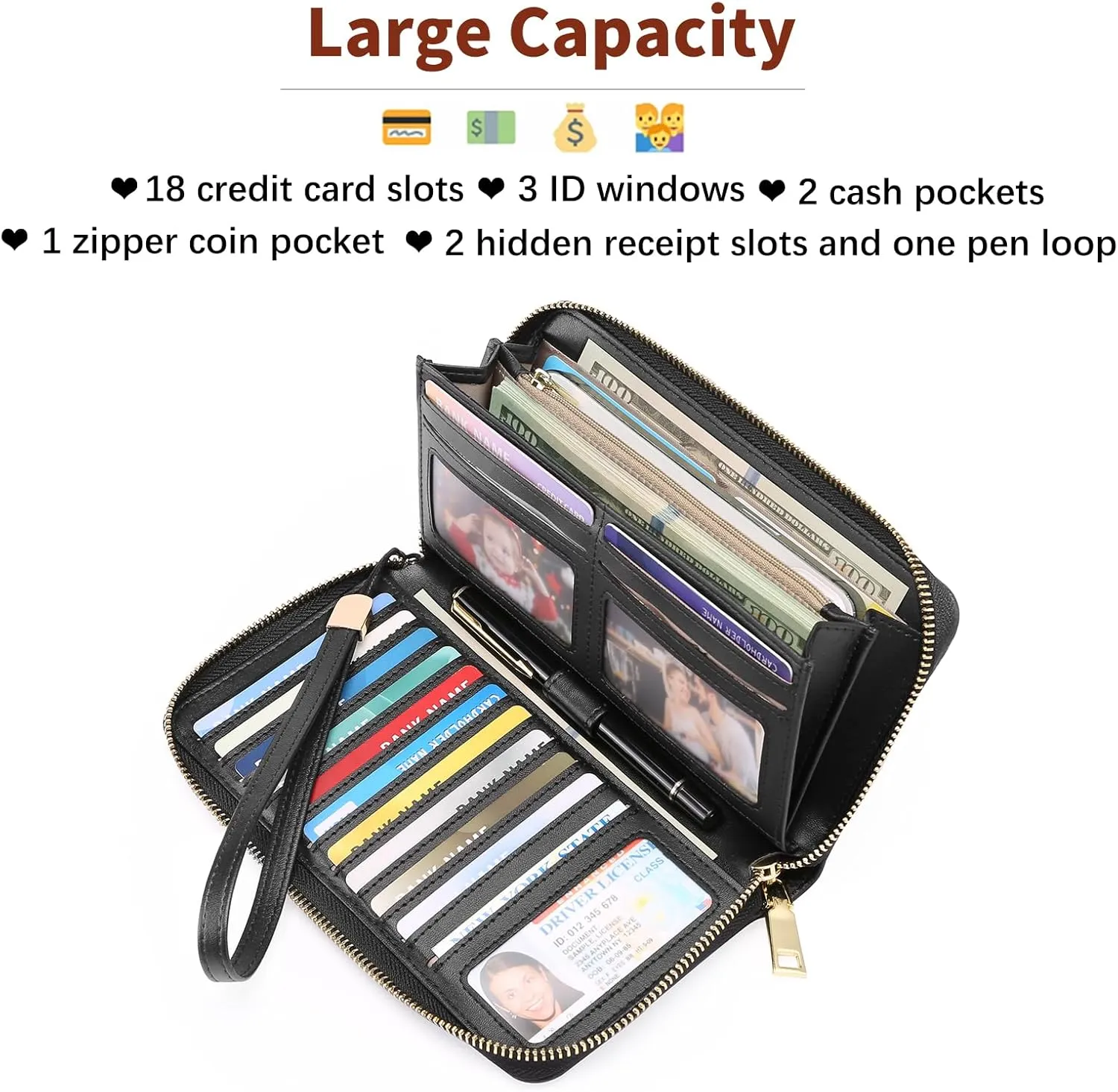 GOIACII Women's Wallet Wristlet Travel Long Purse RFID ladies Credit Card Wallet Embossed Flowers Leather Black