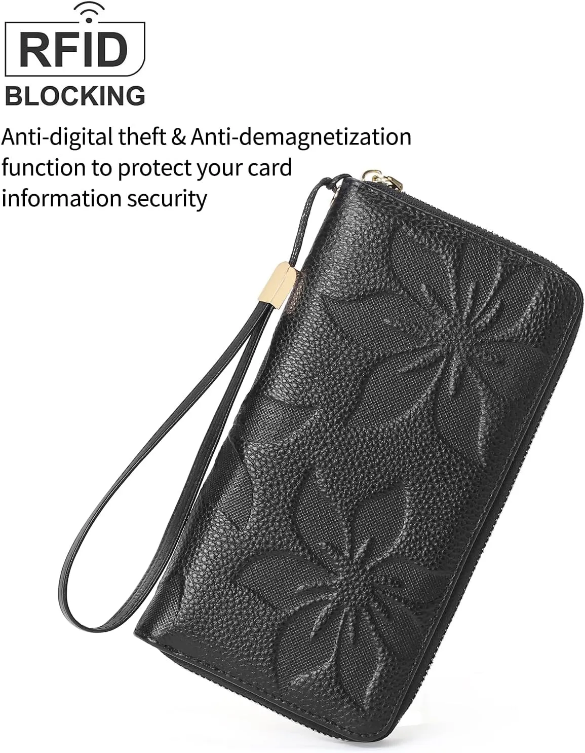 GOIACII Women's Wallet Wristlet Travel Long Purse RFID ladies Credit Card Wallet Embossed Flowers Leather Black