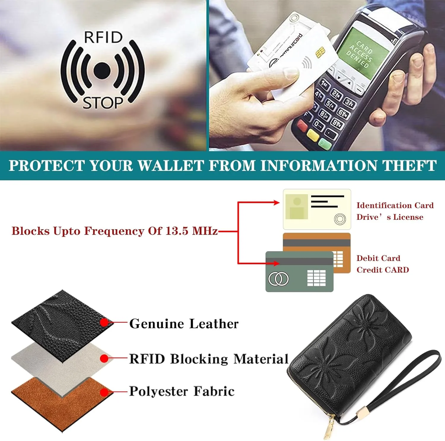 GOIACII Women's Wallet Wristlet Travel Long Purse RFID ladies Credit Card Wallet Embossed Flowers Leather Black