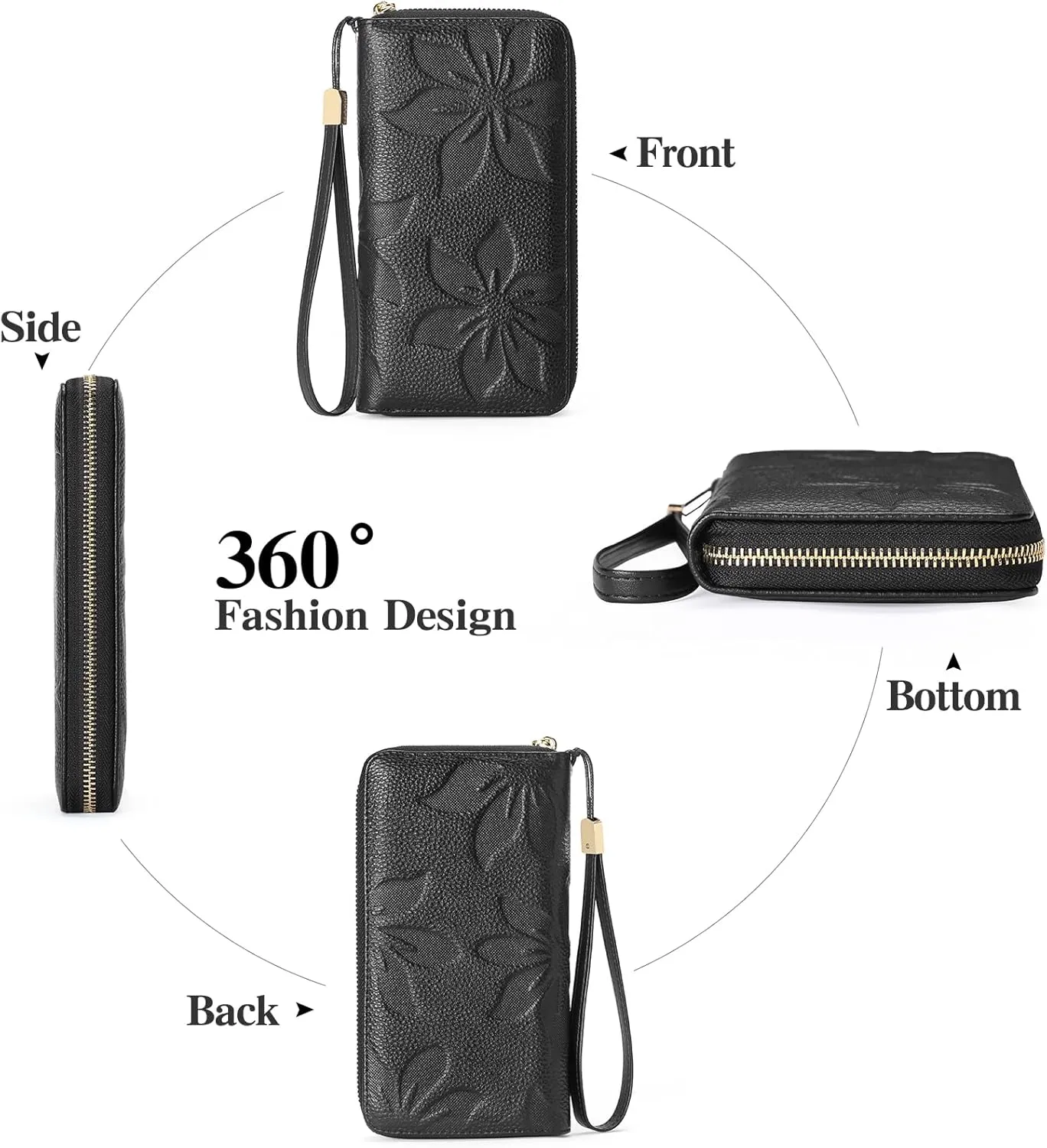 GOIACII Women's Wallet Wristlet Travel Long Purse RFID ladies Credit Card Wallet Embossed Flowers Leather Black
