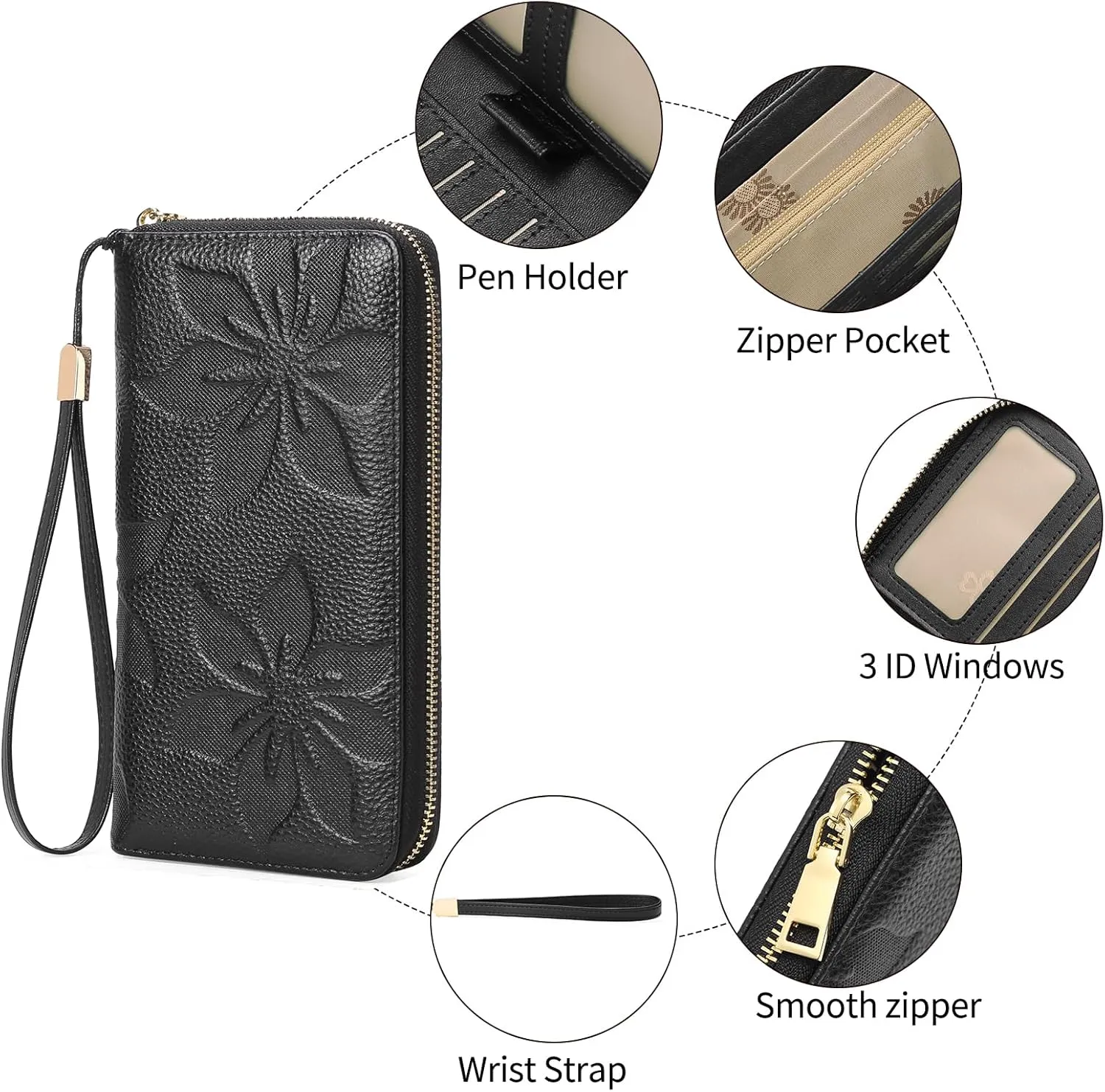GOIACII Women's Wallet Wristlet Travel Long Purse RFID ladies Credit Card Wallet Embossed Flowers Leather Black