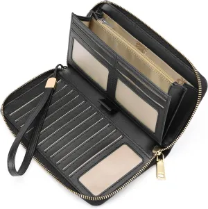 GOIACII Women's Wallet Wristlet Travel Long Purse RFID ladies Credit Card Wallet Embossed Flowers Leather Black