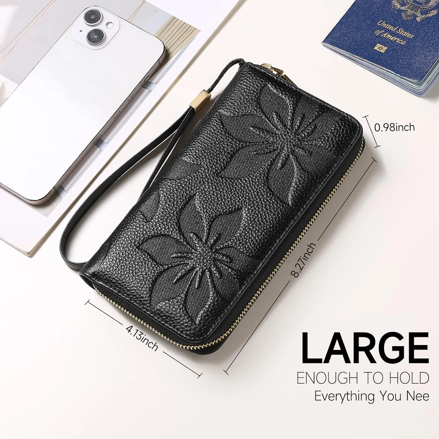 GOIACII Women's Wallet Wristlet Travel Long Purse RFID ladies Credit Card Wallet Embossed Flowers Leather Black